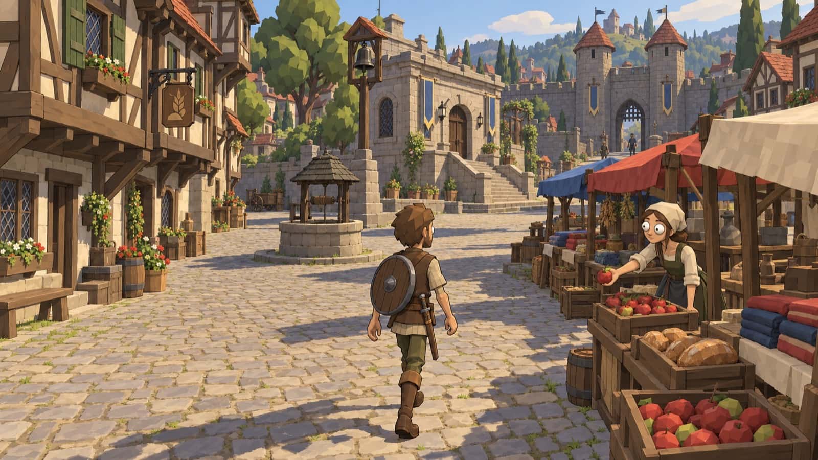 Concept art: an adventurer crosses a medieval town square, with the market on the right and the keep behind
