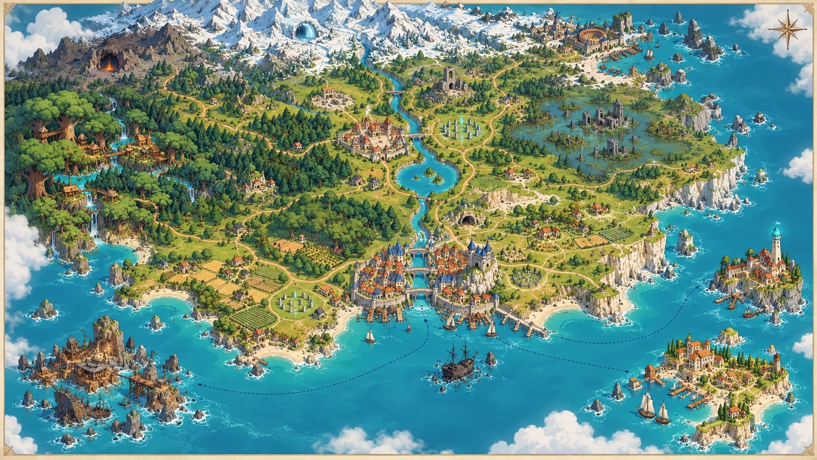 Illustrated map of Oddside's world, with Brindlecross in the north and Kingsford on the coast to the south
