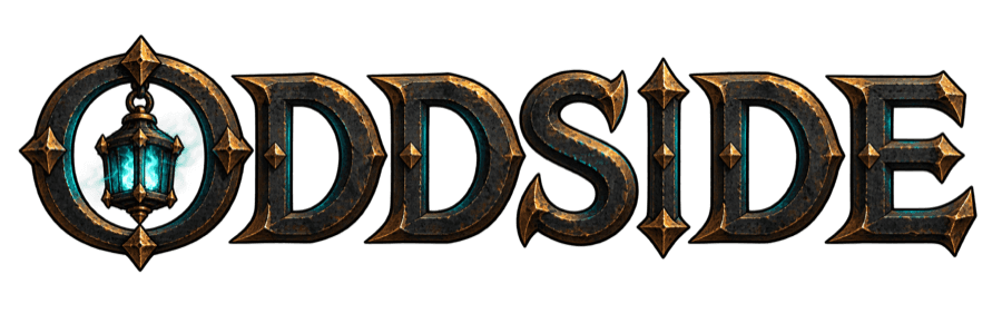 The Oddside wordmark in iron and bronze, with the lantern in the O